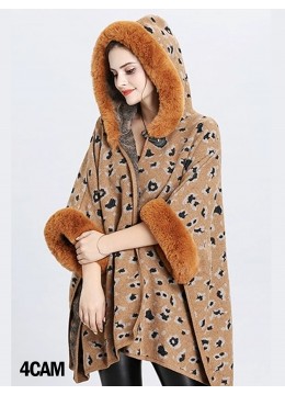 Soft Leopard Print Cape W/ Fur Detailing